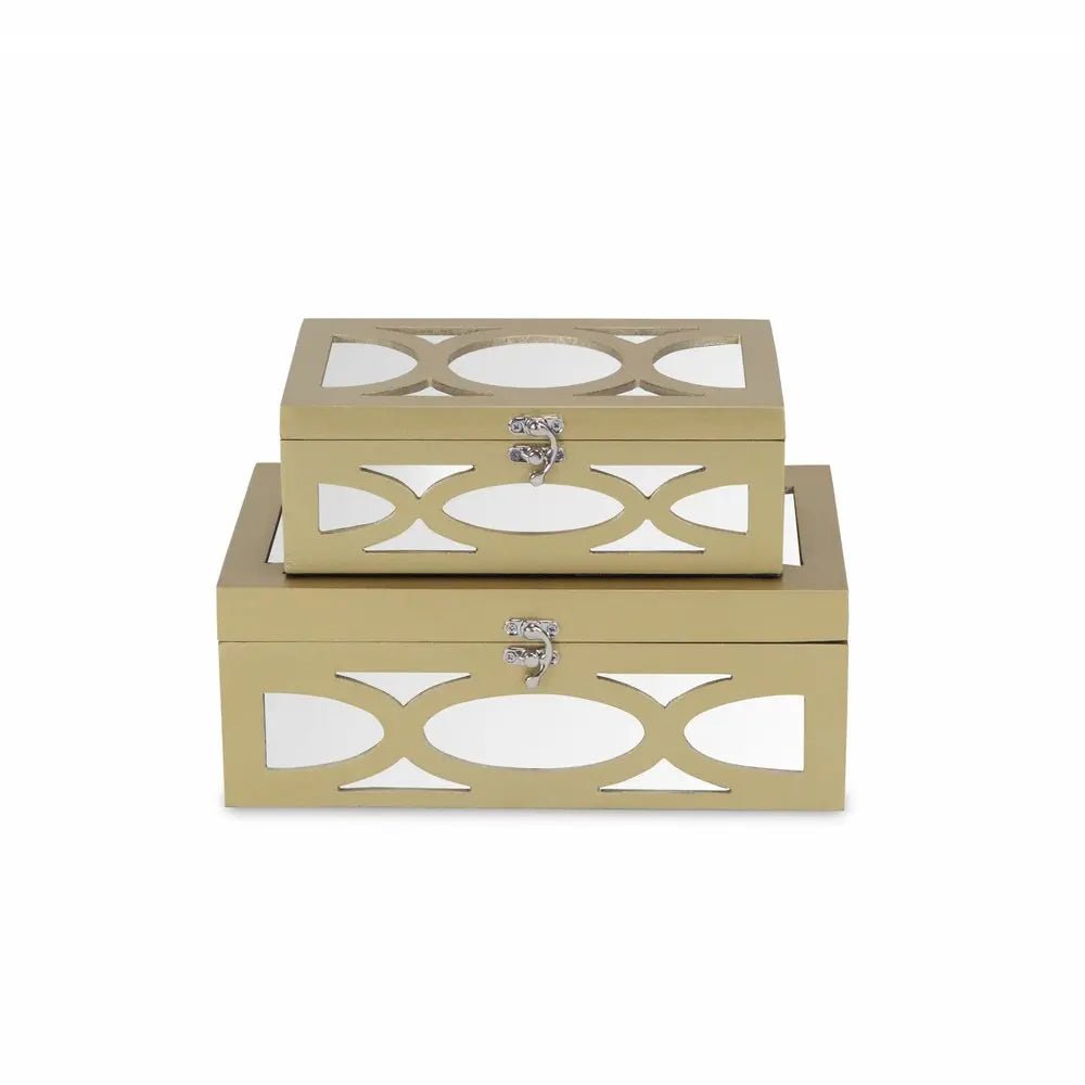 Set of Two Gold Oval Scroll Mirror Jewelry Storage Boxes - NOBLE HOME INTERIORS