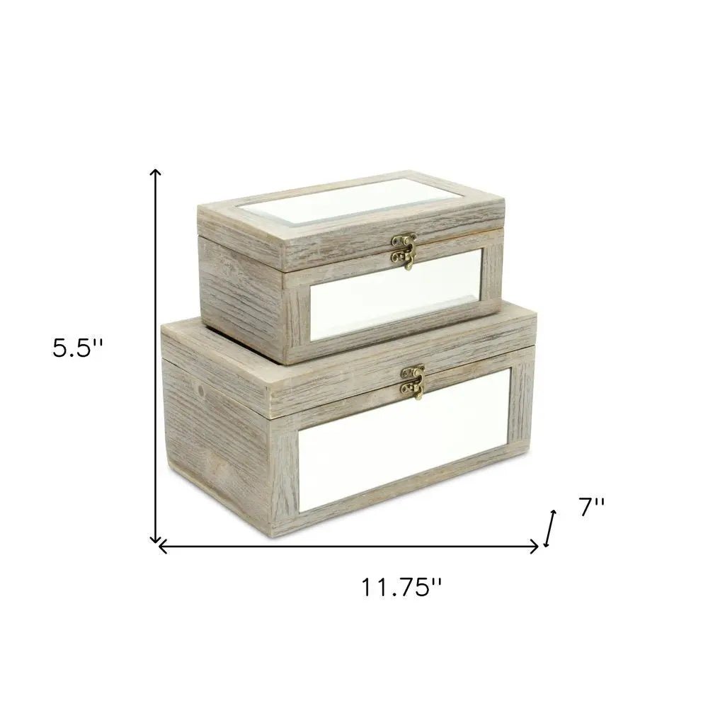 Set of Two Gray And White Wood And Mirrored Glass Box With Lid - NOBLE HOME INTERIORS