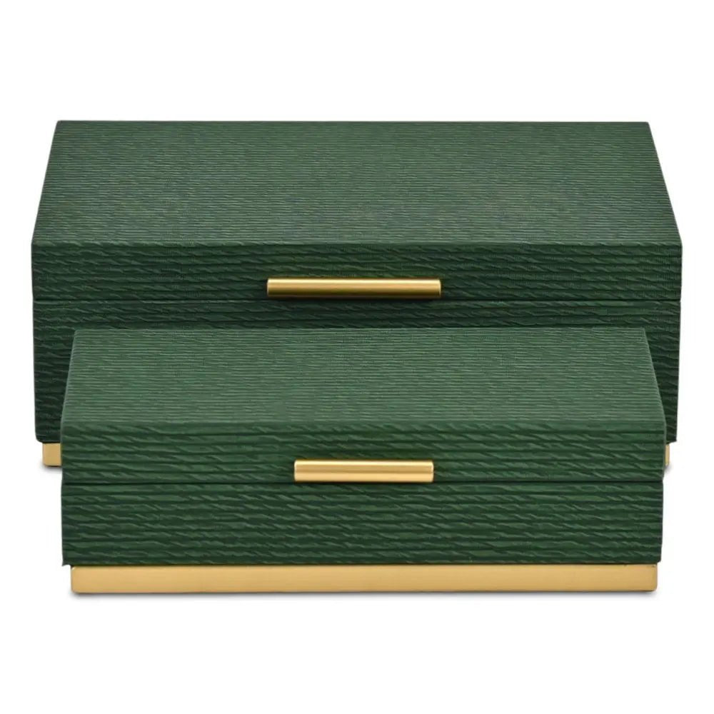Set of Two Green And Gold Striped Nesting Storage Boxes With Lids - NOBLE HOME INTERIORS