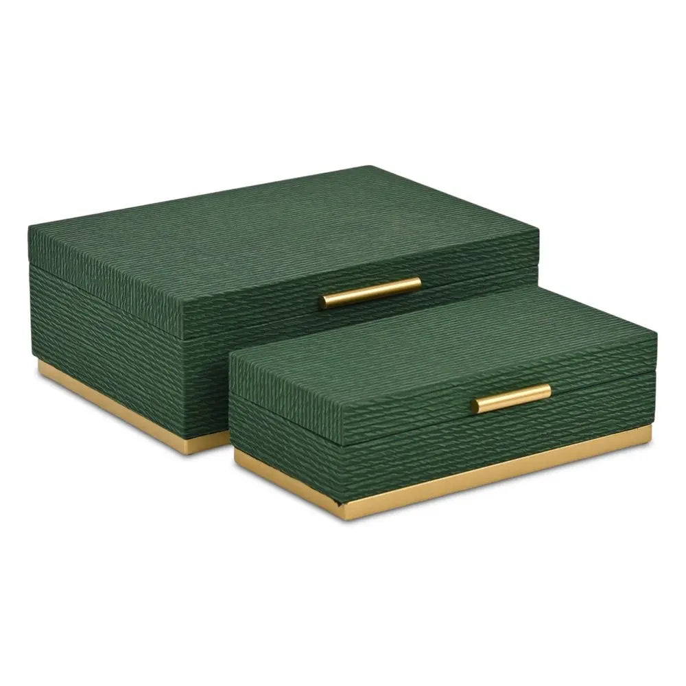 Set of Two Green And Gold Striped Nesting Storage Boxes With Lids - NOBLE HOME INTERIORS