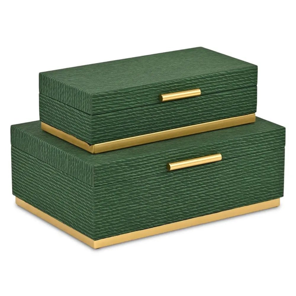 Set of Two Green And Gold Striped Nesting Storage Boxes With Lids - NOBLE HOME INTERIORS
