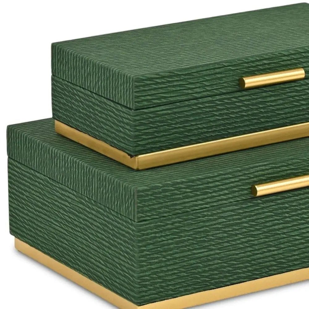 Set of Two Green And Gold Striped Nesting Storage Boxes With Lids - NOBLE HOME INTERIORS