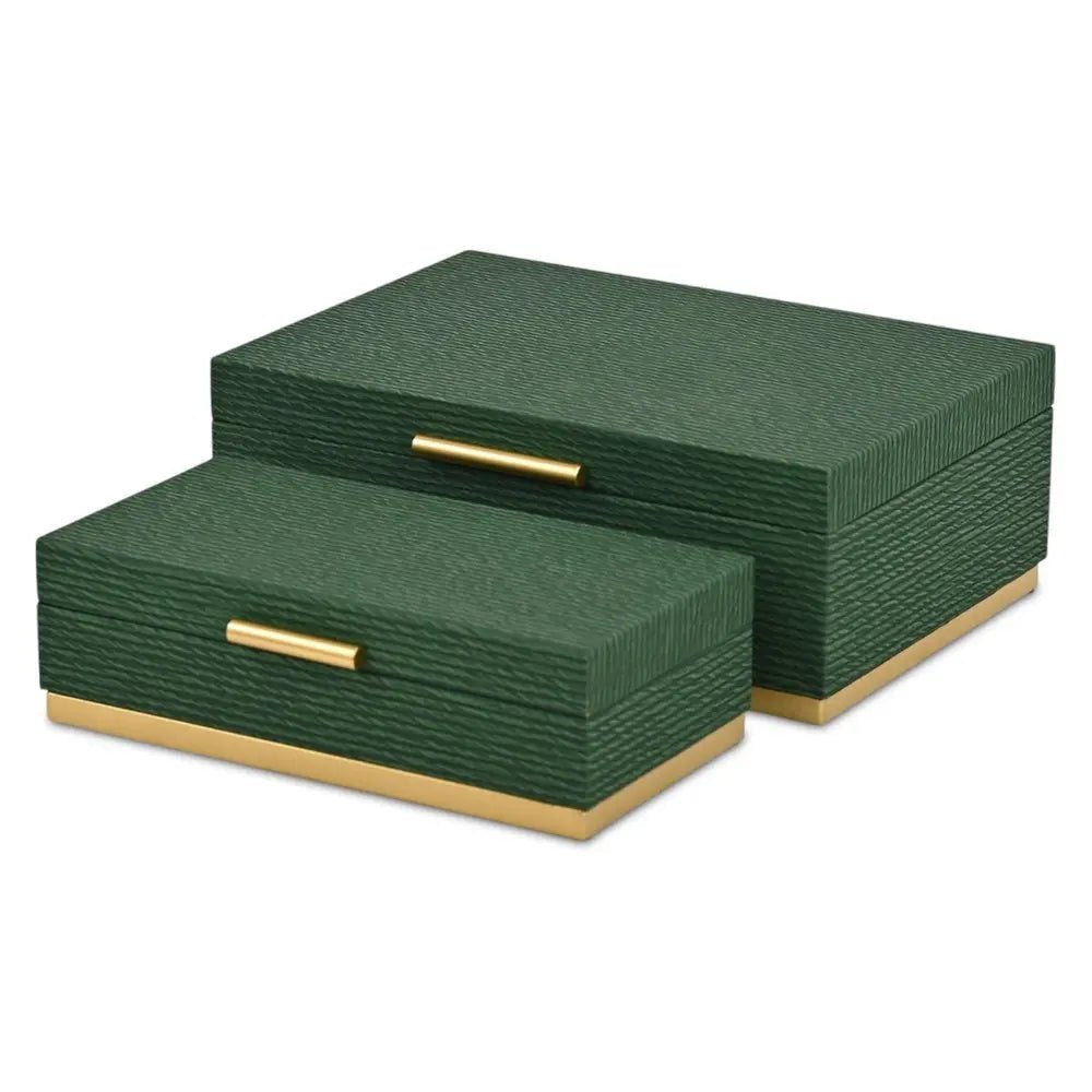Set of Two Green And Gold Striped Nesting Storage Boxes With Lids - NOBLE HOME INTERIORS