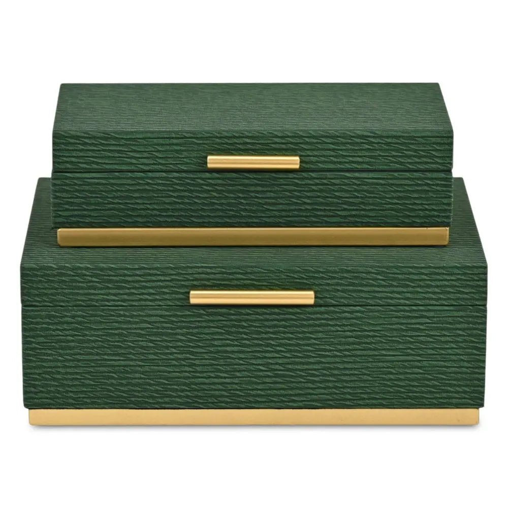 Set of Two Green And Gold Striped Nesting Storage Boxes With Lids - NOBLE HOME INTERIORS