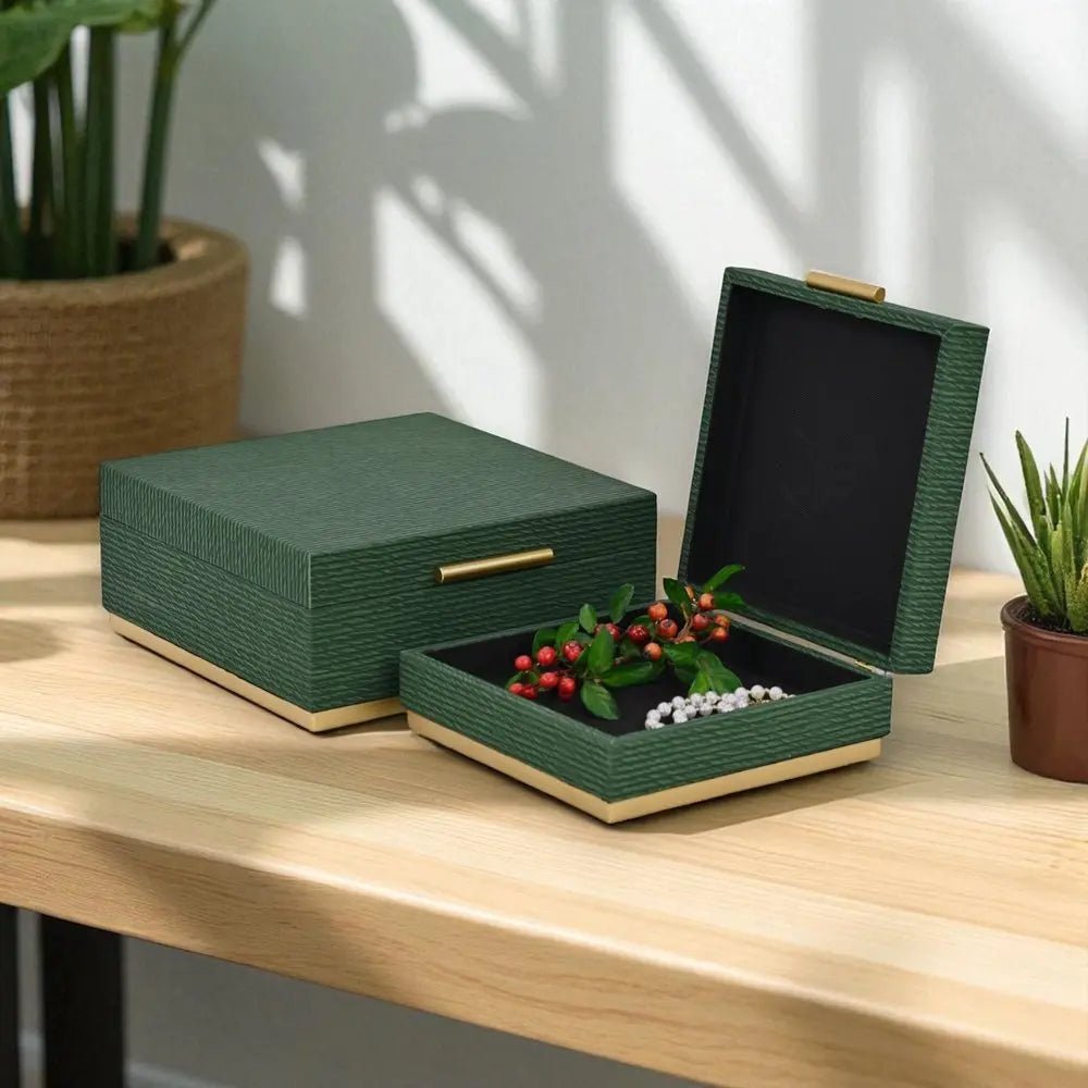 Set of Two Green And Gold Striped Square Nesting Storage Boxes With Lids - NOBLE HOME INTERIORS