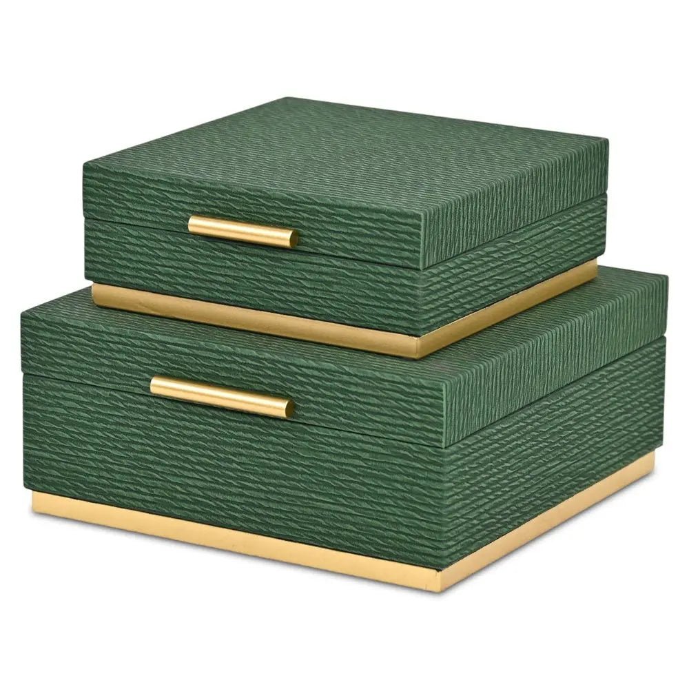 Set of Two Green And Gold Striped Square Nesting Storage Boxes With Lids - NOBLE HOME INTERIORS