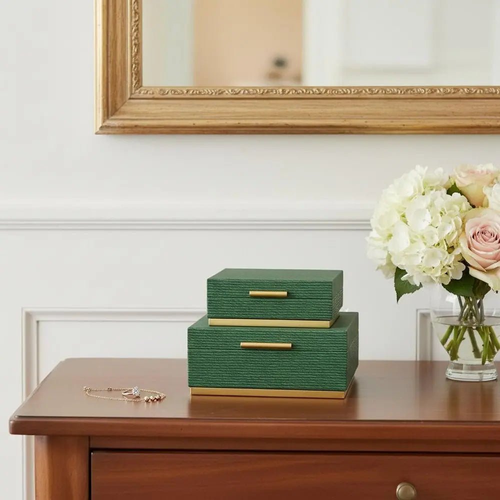 Set of Two Green And Gold Striped Square Nesting Storage Boxes With Lids - NOBLE HOME INTERIORS