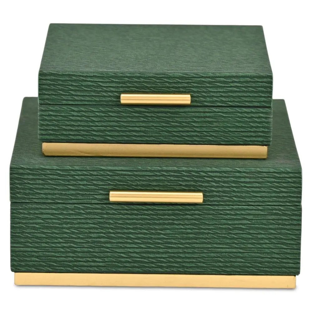 Set of Two Green And Gold Striped Square Nesting Storage Boxes With Lids - NOBLE HOME INTERIORS