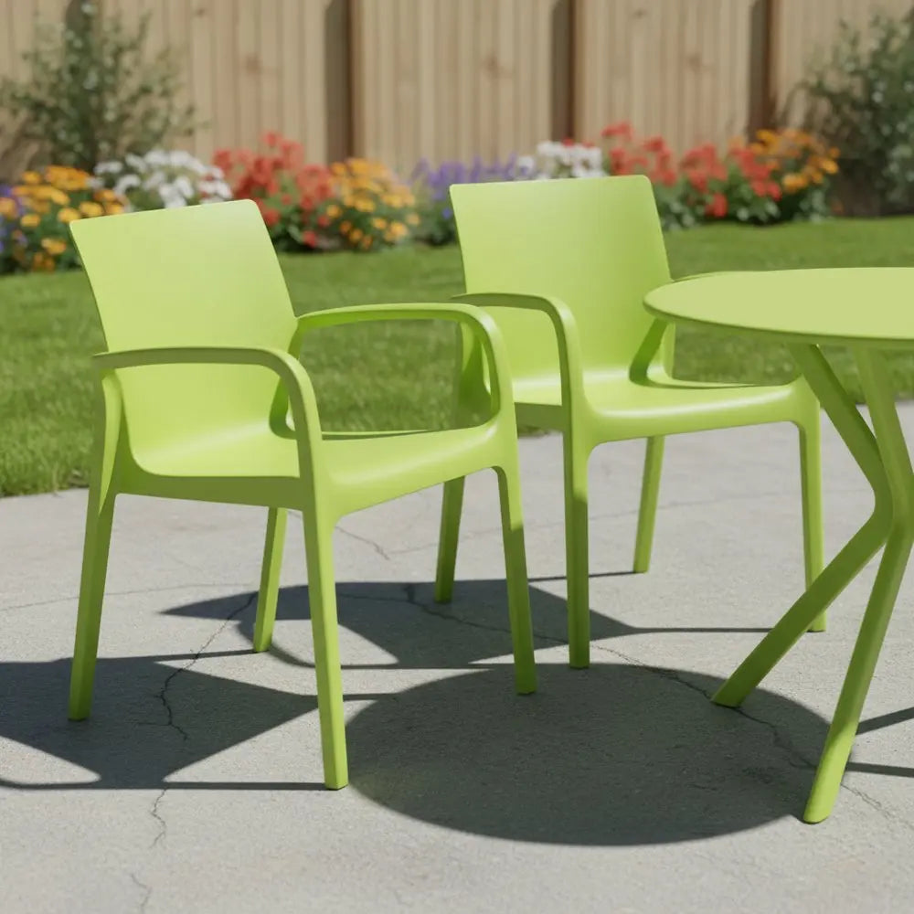 Set of Two Green Heavy Duty Plastic Outdoor Stacking Dining Chairs - NOBLE HOME INTERIORS
