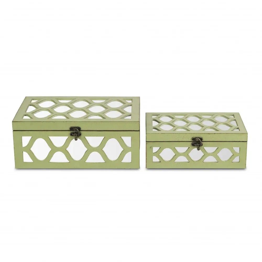 Set of Two Green Mirrored Glass And Solid Wood Box With Lid - NOBLE HOME INTERIORS