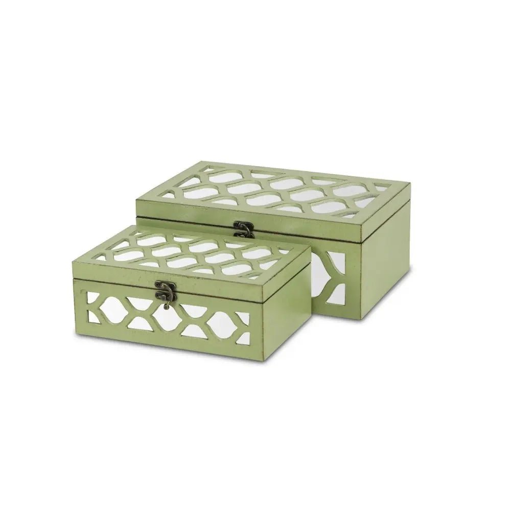 Set of Two Green Mirrored Glass And Solid Wood Box With Lid - NOBLE HOME INTERIORS