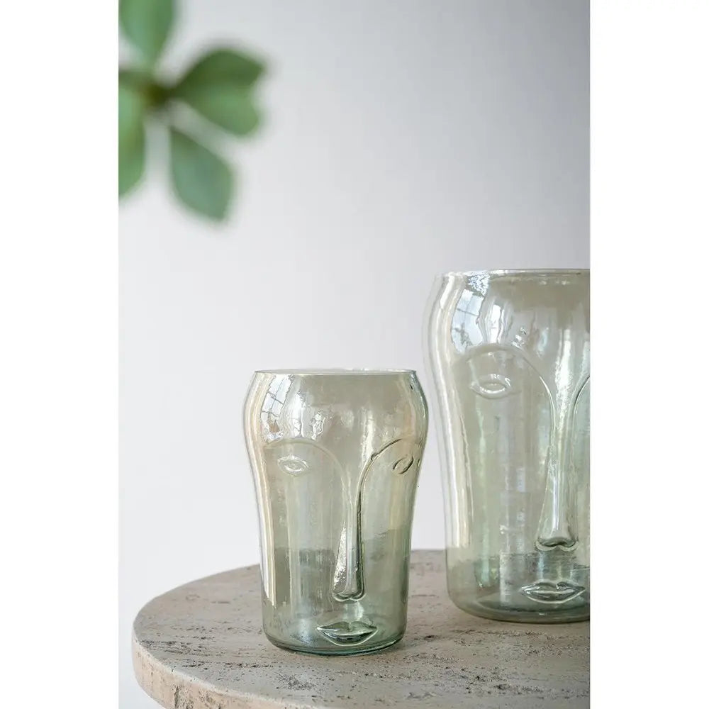 Set of Two Light Green Glass Modern Abstract Faces Table Vases - NOBLE HOME INTERIORS