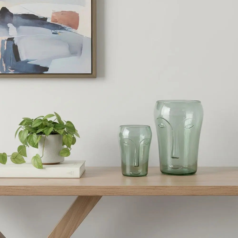 Set of Two Light Green Glass Modern Abstract Faces Table Vases - NOBLE HOME INTERIORS