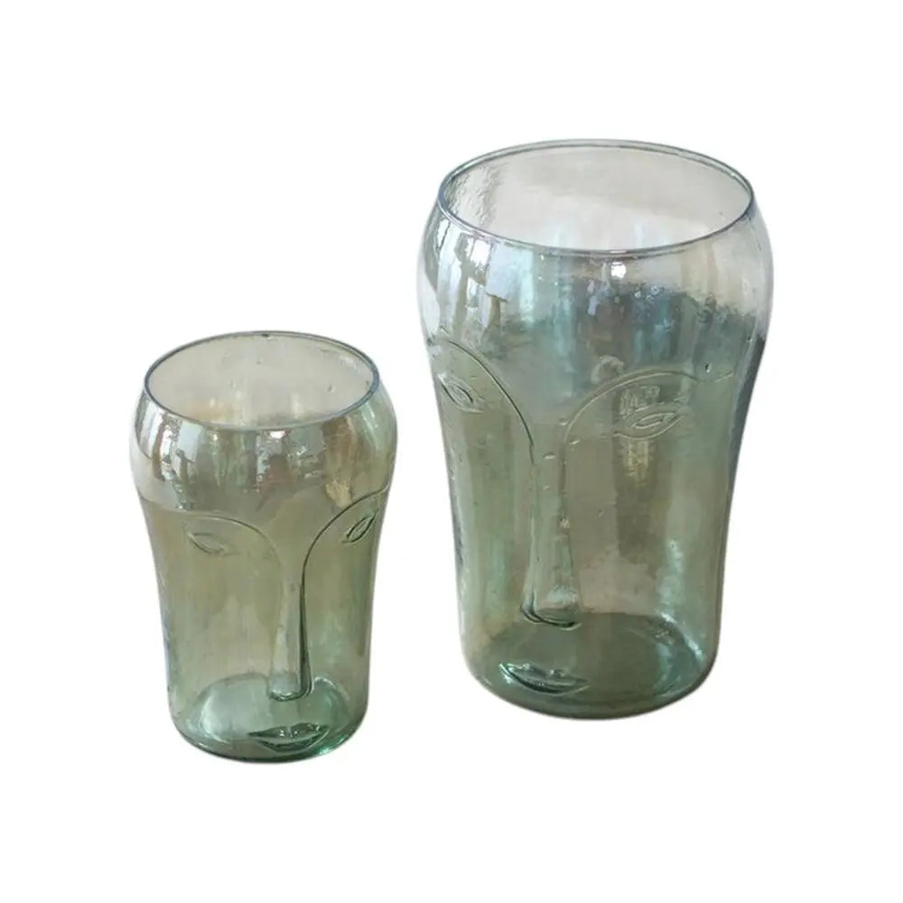 Set of Two Light Green Glass Modern Abstract Faces Table Vases - NOBLE HOME INTERIORS