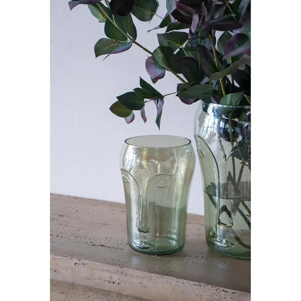Set of Two Light Green Glass Modern Abstract Faces Table Vases - NOBLE HOME INTERIORS
