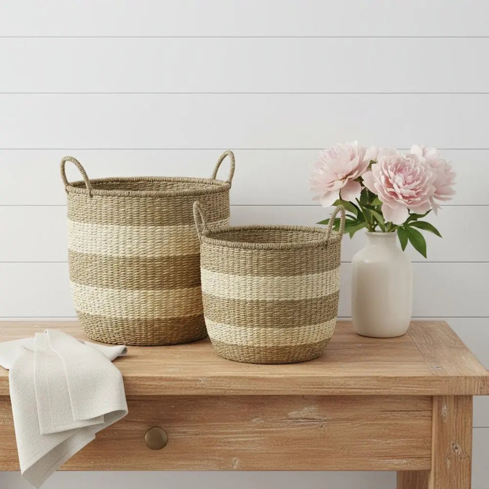 Set of Two Natural And Beige Wicker Basket - NOBLE HOME INTERIORS