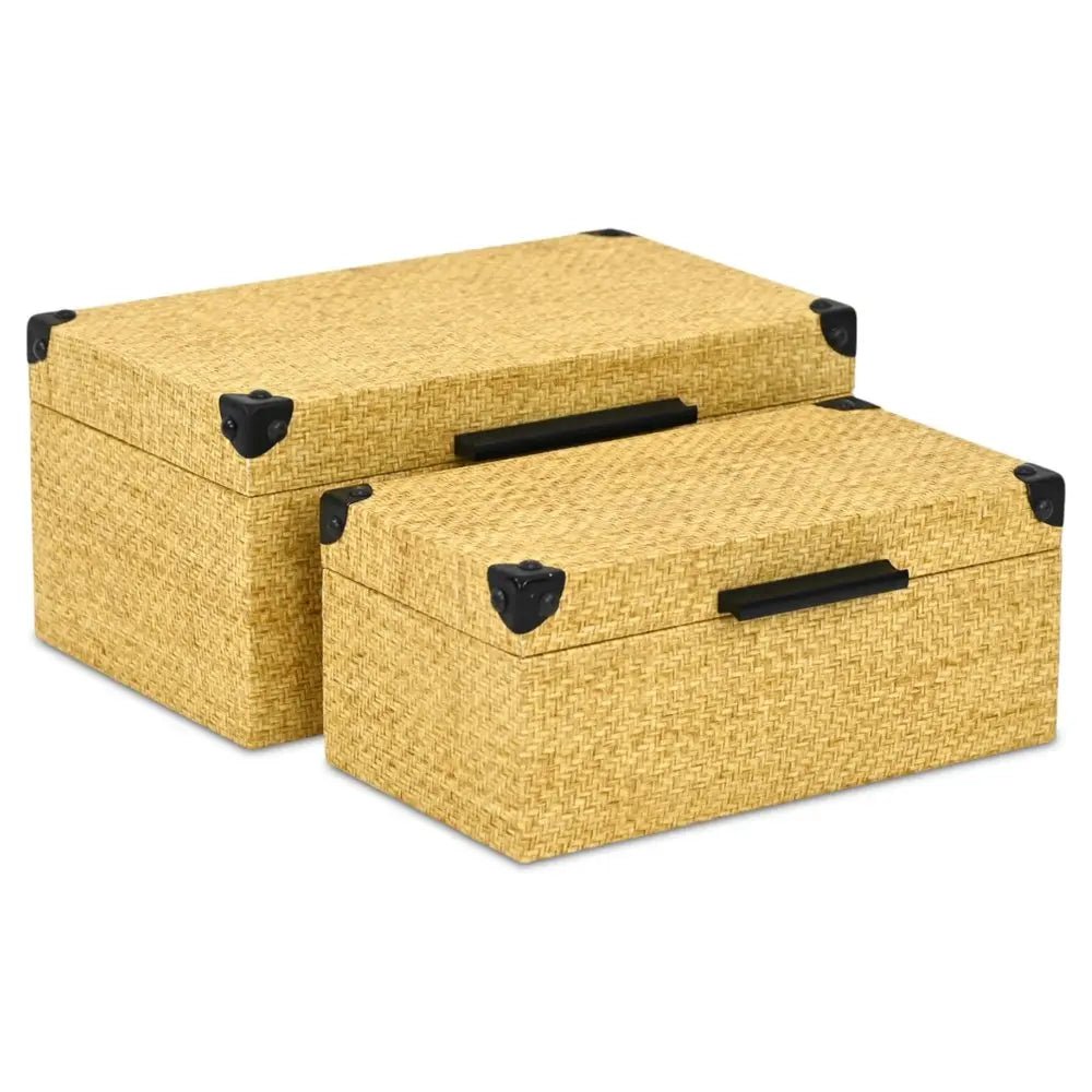 Set of Two Natural And Black Faux Rattan Nesting Storage Boxes With Lids - NOBLE HOME INTERIORS