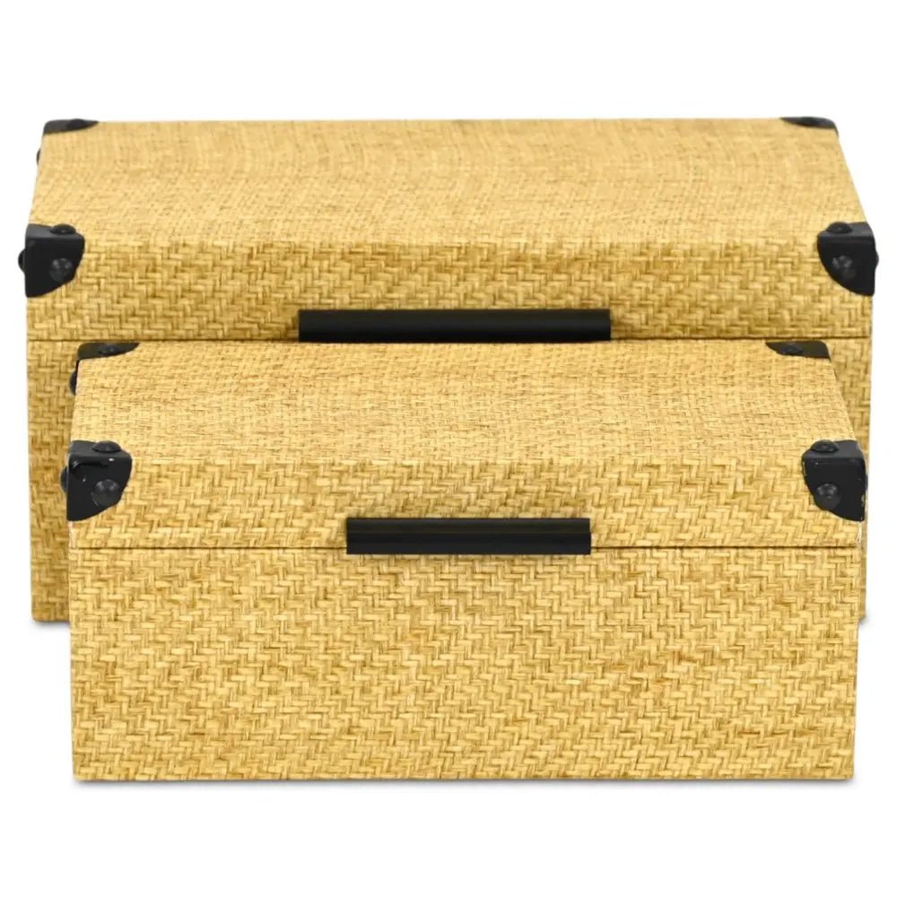 Set of Two Natural And Black Faux Rattan Nesting Storage Boxes With Lids - NOBLE HOME INTERIORS