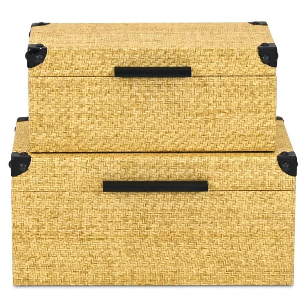Set of Two Natural And Black Faux Rattan Nesting Storage Boxes With Lids - NOBLE HOME INTERIORS