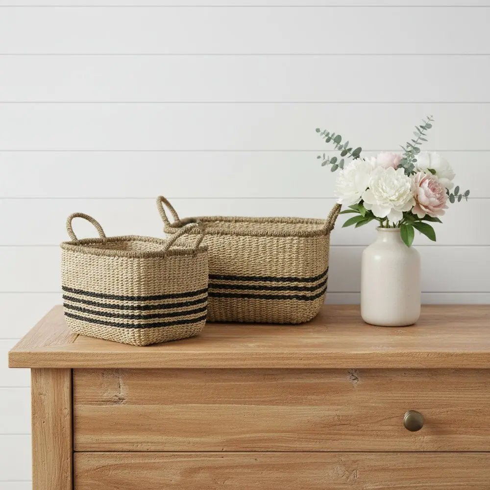 Set of Two Natural And Black Rattan Basket - NOBLE HOME INTERIORS
