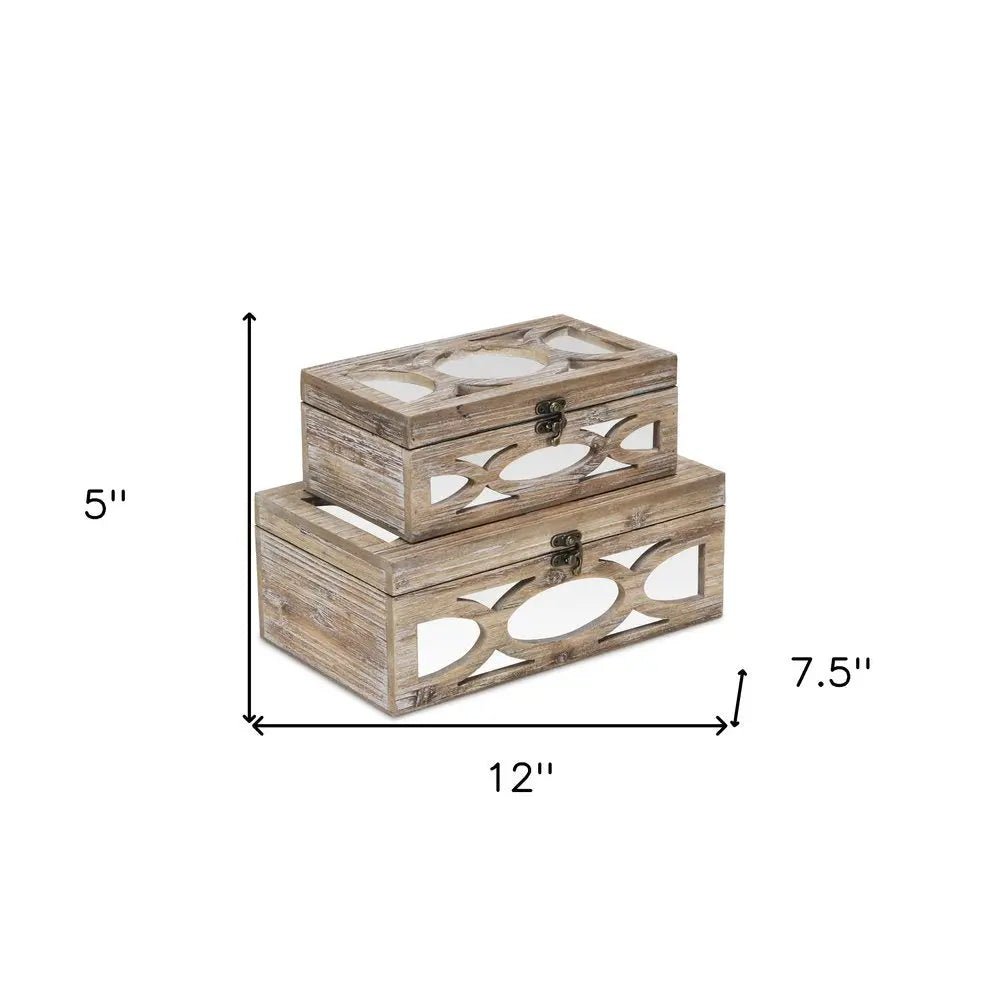 Set of Two Natural And White Solid Wood And Mirrored Glass Box With Lid - NOBLE HOME INTERIORS