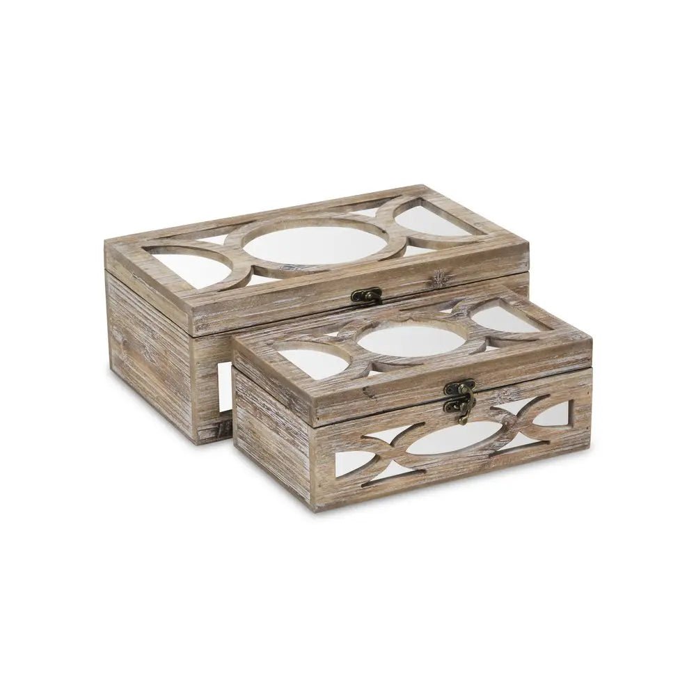 Set of Two Natural And White Solid Wood And Mirrored Glass Box With Lid - NOBLE HOME INTERIORS