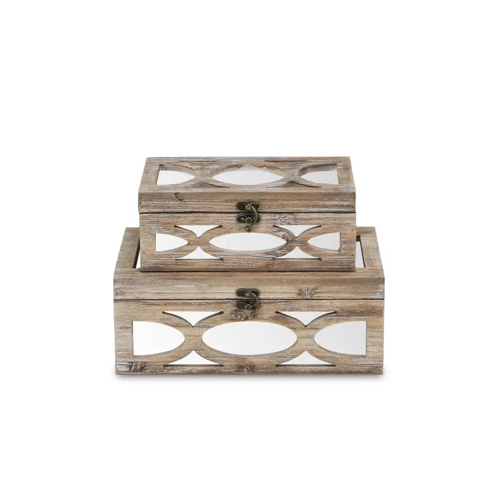 Set of Two Natural And White Solid Wood And Mirrored Glass Box With Lid - NOBLE HOME INTERIORS
