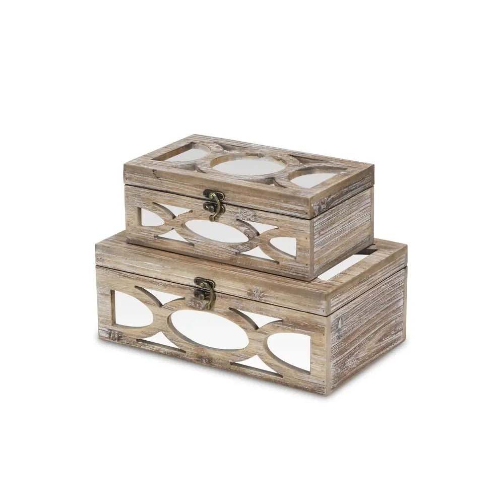 Set of Two Natural And White Solid Wood And Mirrored Glass Box With Lid - NOBLE HOME INTERIORS