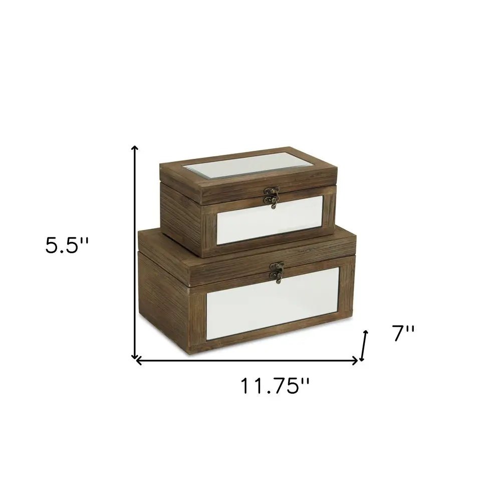 Set of Two Natural And White Wood And Mirrored Glass Box With Lid - NOBLE HOME INTERIORS