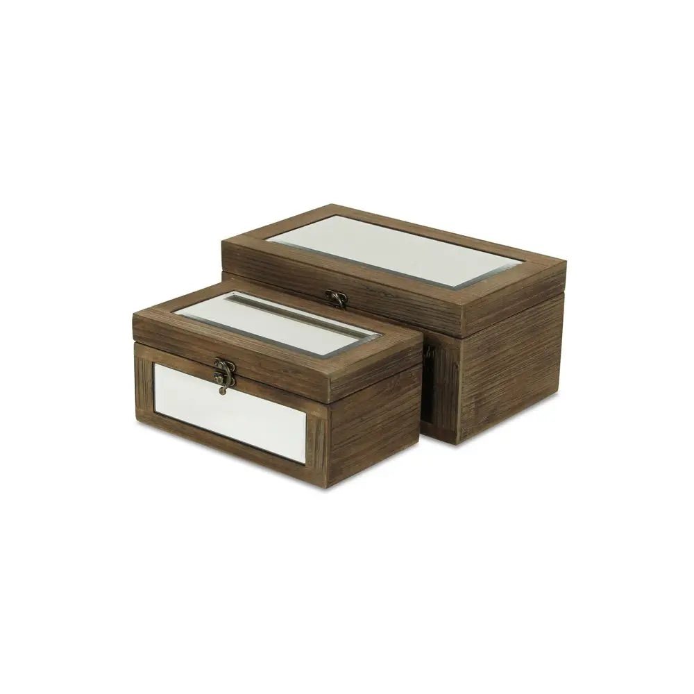 Set of Two Natural And White Wood And Mirrored Glass Box With Lid - NOBLE HOME INTERIORS