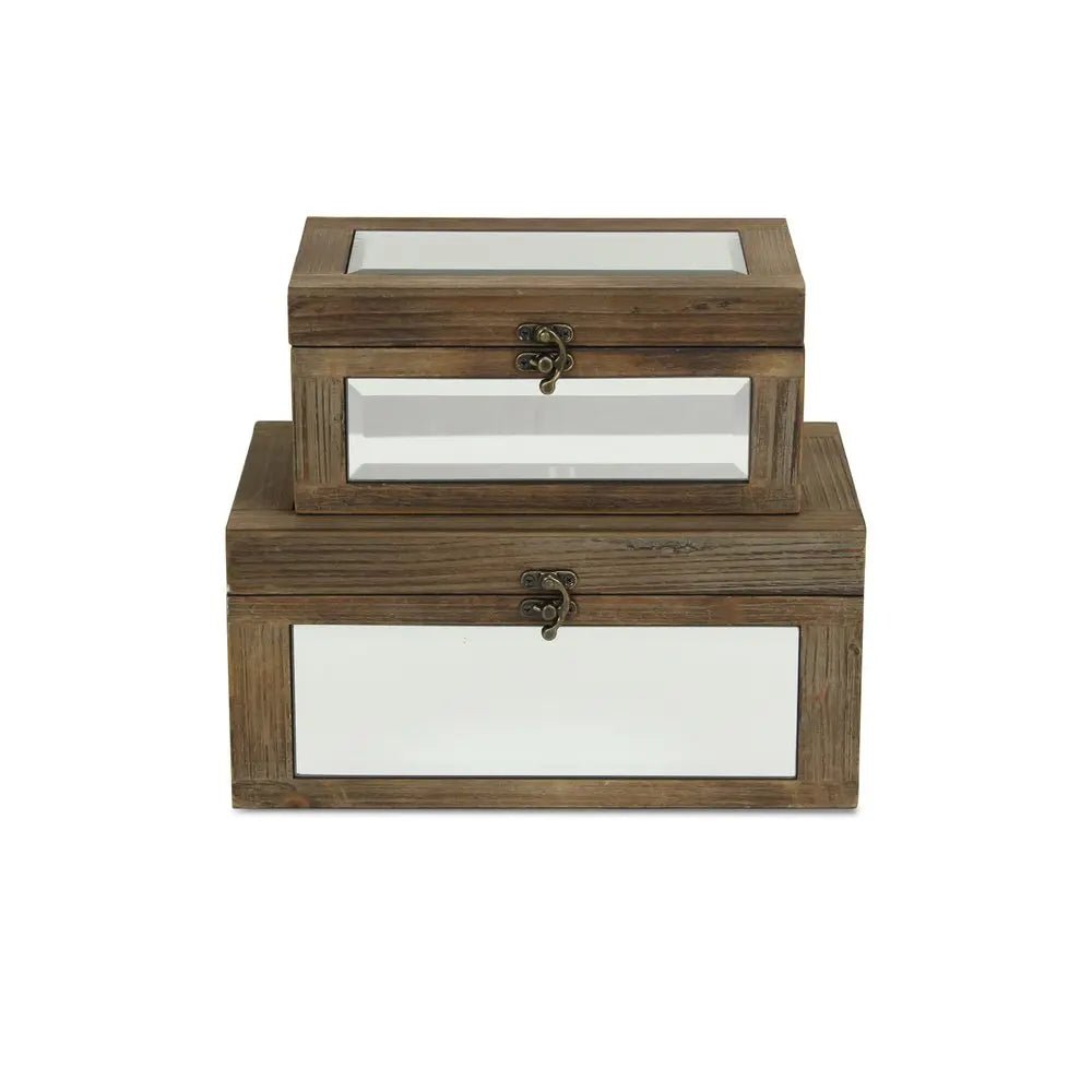 Set of Two Natural And White Wood And Mirrored Glass Box With Lid - NOBLE HOME INTERIORS