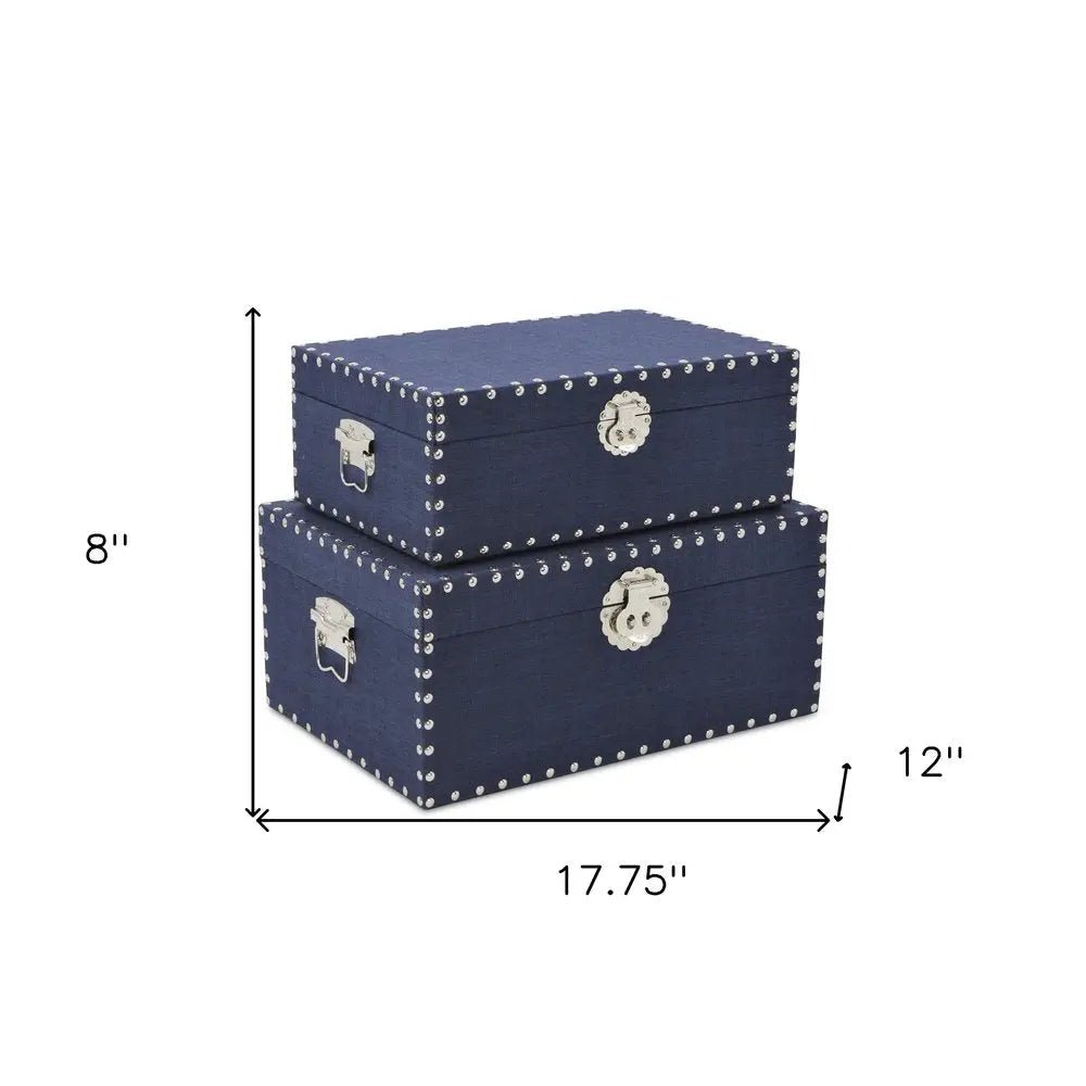 Set of Two Navy Blue Wood Fabric And Metal Box With Lid - NOBLE HOME INTERIORS