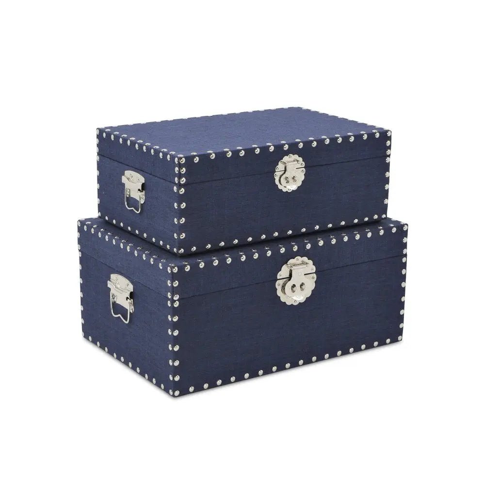 Set of Two Navy Blue Wood Fabric And Metal Box With Lid - NOBLE HOME INTERIORS