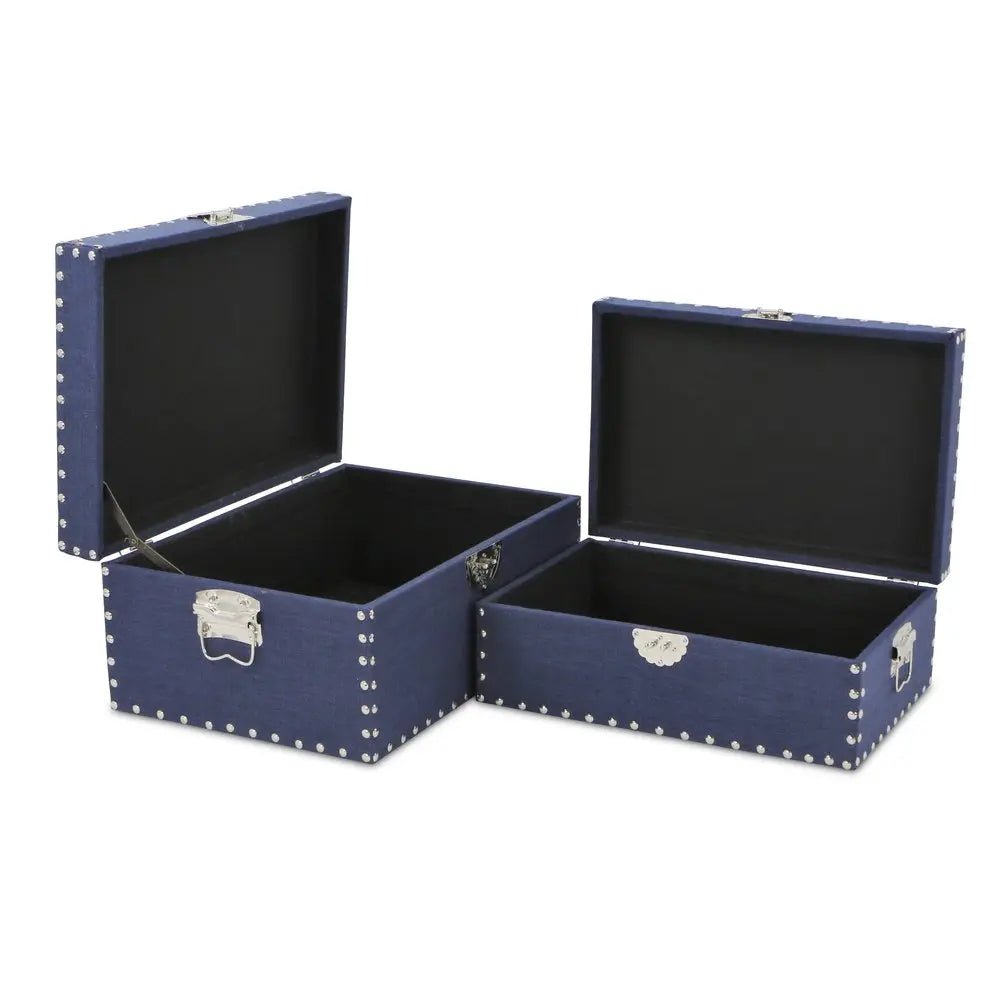 Set of Two Navy Blue Wood Fabric And Metal Box With Lid - NOBLE HOME INTERIORS