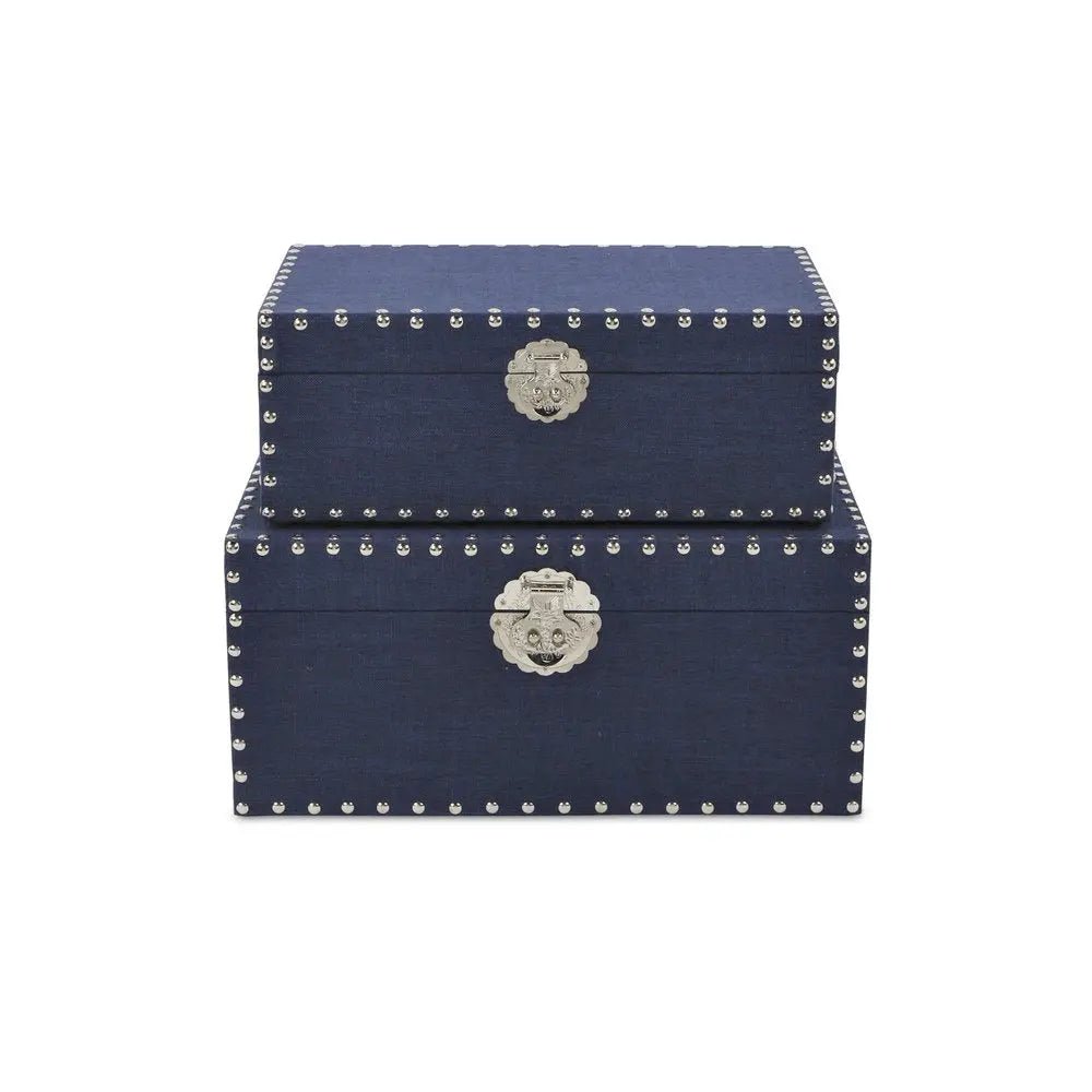 Set of Two Navy Blue Wood Fabric And Metal Box With Lid - NOBLE HOME INTERIORS