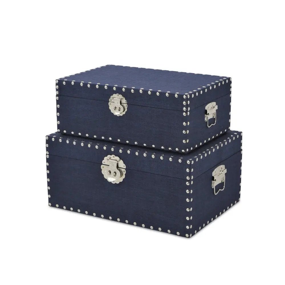Set of Two Navy Blue Wood Fabric And Metal Box With Lid - NOBLE HOME INTERIORS