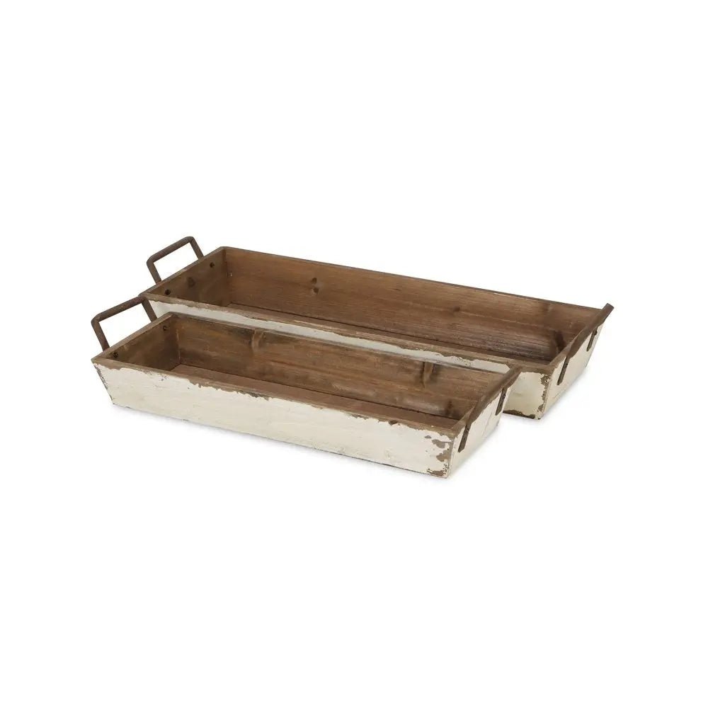 Set of Two Off White Solid Wood And Metal Crate - NOBLE HOME INTERIORS