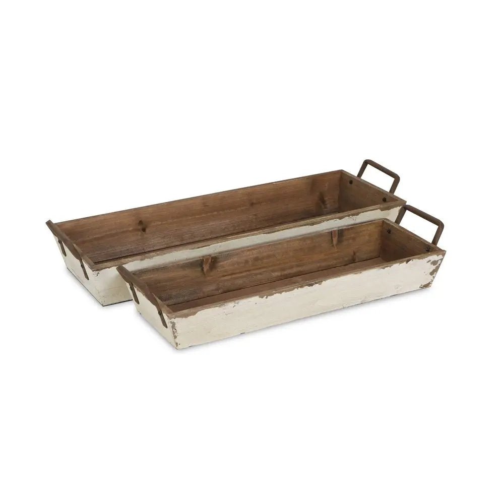 Set of Two Off White Solid Wood And Metal Crate - NOBLE HOME INTERIORS