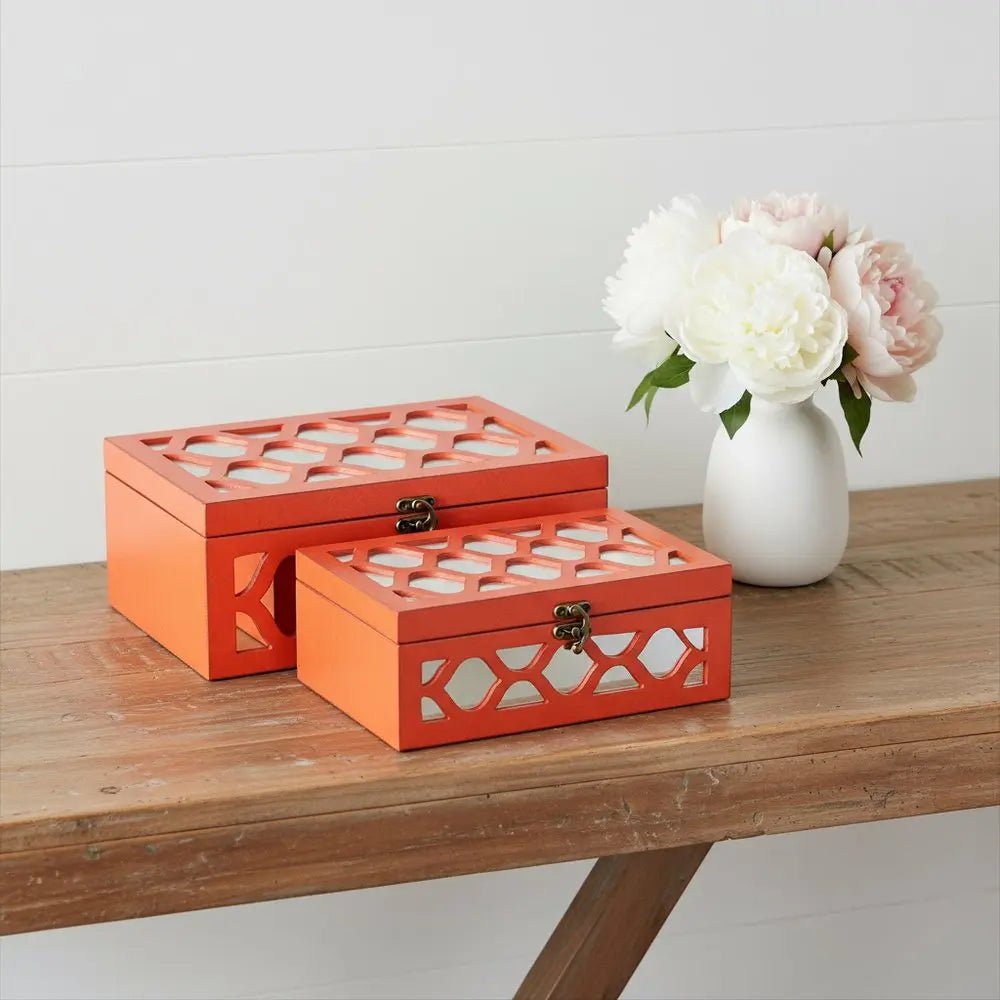 Set of Two Orange Mirrored Glass And Solid Wood Box With Lid - NOBLE HOME INTERIORS