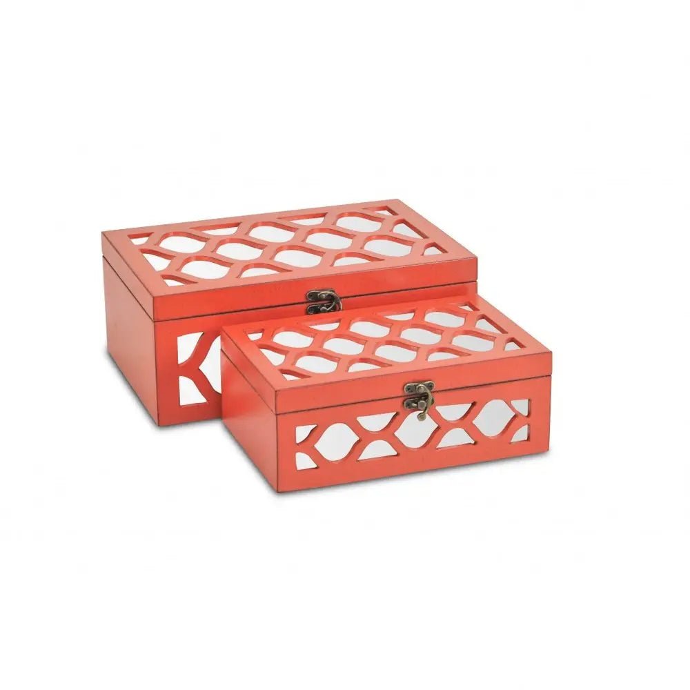 Set of Two Orange Mirrored Glass And Solid Wood Box With Lid - NOBLE HOME INTERIORS