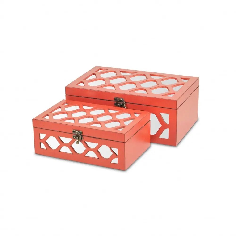 Set of Two Orange Mirrored Glass And Solid Wood Box With Lid - NOBLE HOME INTERIORS
