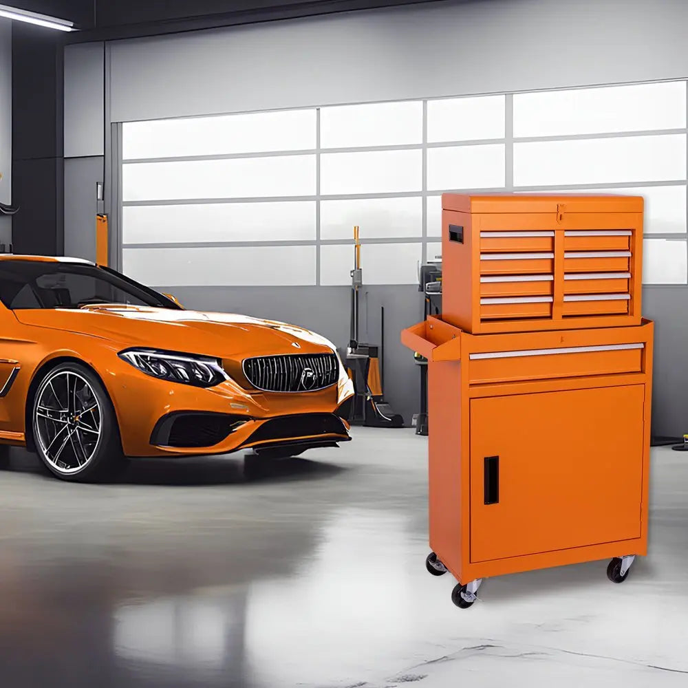 Set of Two Orange Multi - Tier Steel Rolling Cabinet With Lid - NOBLE HOME INTERIORS