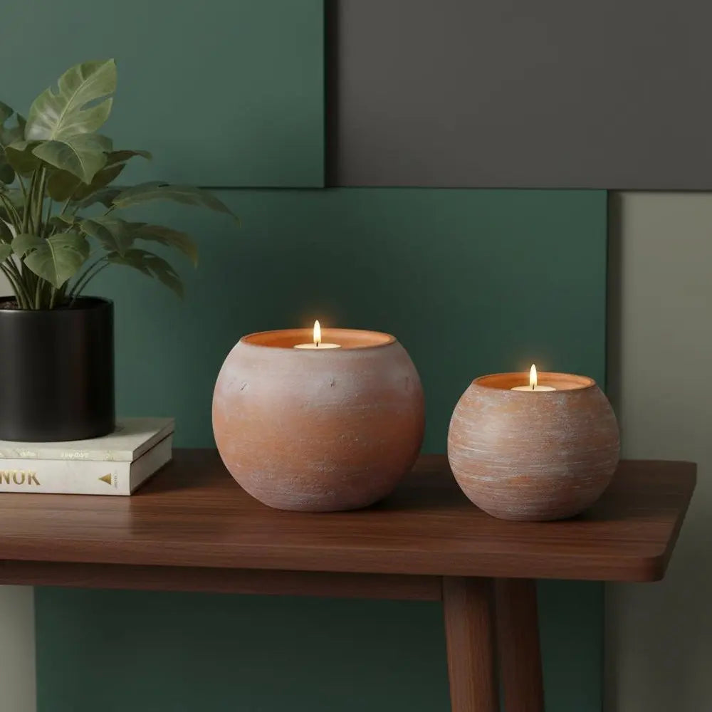 Set of Two Pink And Brown Distressed Abstract Glass Tabletop Votive Candle Holders - NOBLE HOME INTERIORS