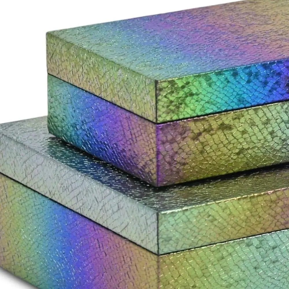Set of Two Rainbow And Gold Faux Shagreen Nesting Storage Boxes With Lids - NOBLE HOME INTERIORS