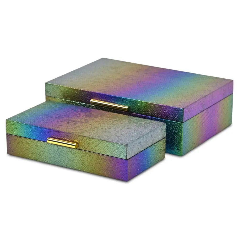 Set of Two Rainbow And Gold Faux Shagreen Nesting Storage Boxes With Lids - NOBLE HOME INTERIORS