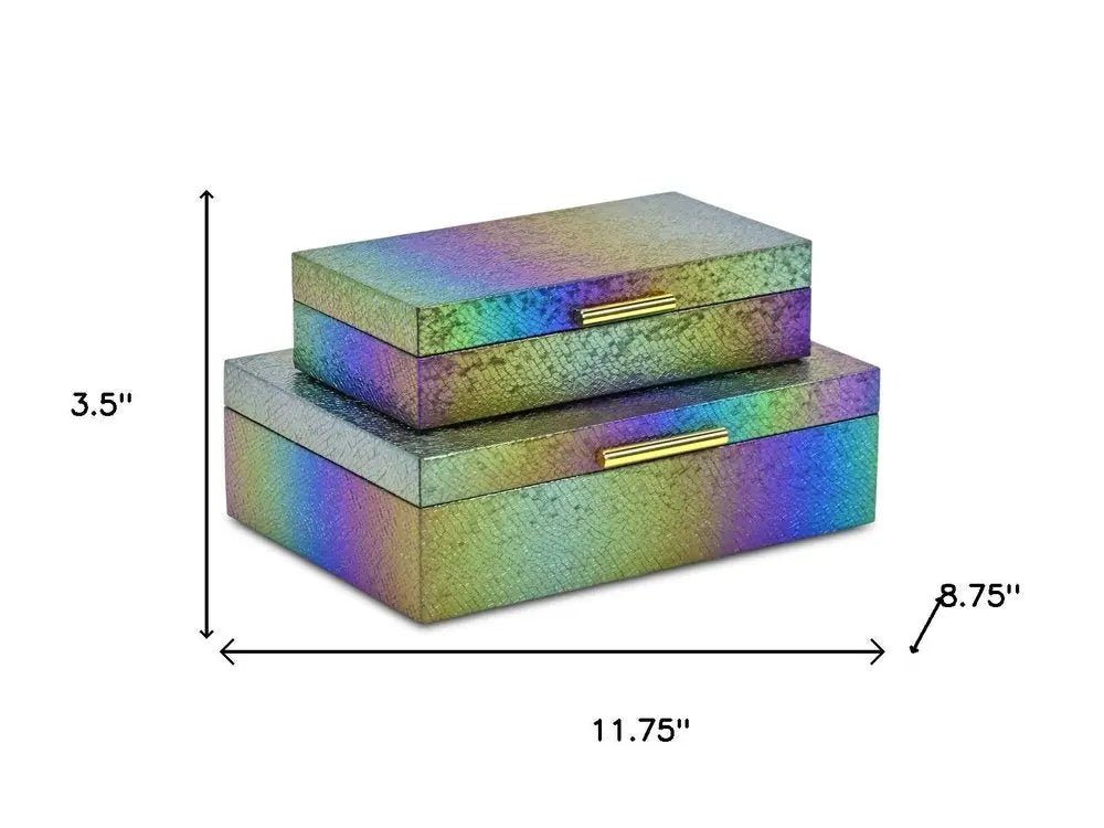 Set of Two Rainbow And Gold Faux Shagreen Nesting Storage Boxes With Lids - NOBLE HOME INTERIORS