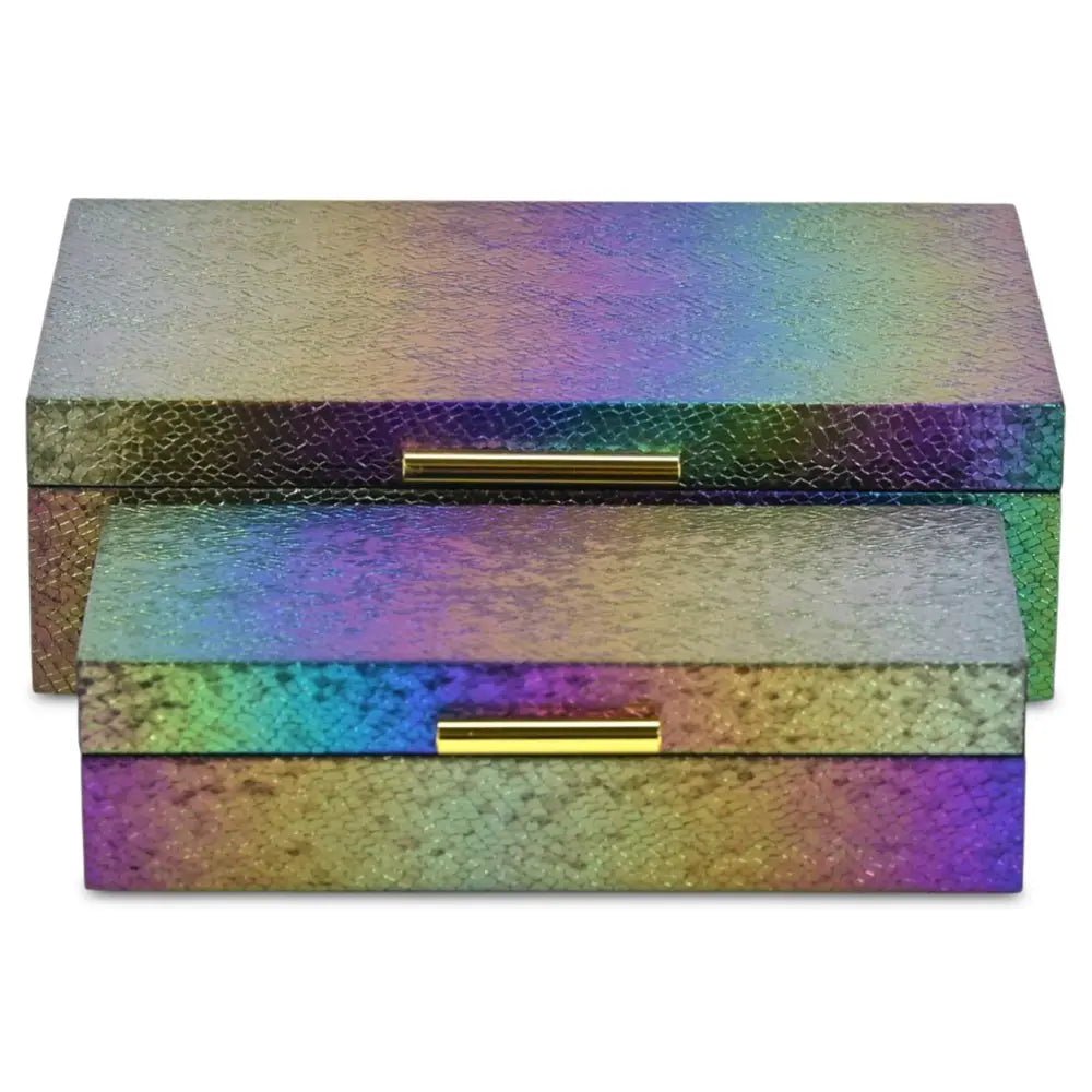 Set of Two Rainbow And Gold Faux Shagreen Nesting Storage Boxes With Lids - NOBLE HOME INTERIORS