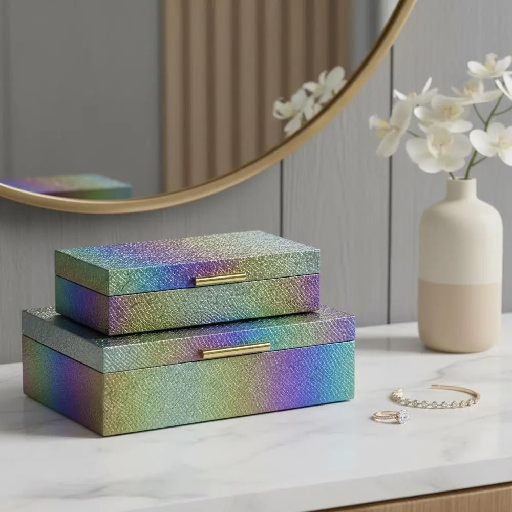 Set of Two Rainbow And Gold Faux Shagreen Nesting Storage Boxes With Lids - NOBLE HOME INTERIORS