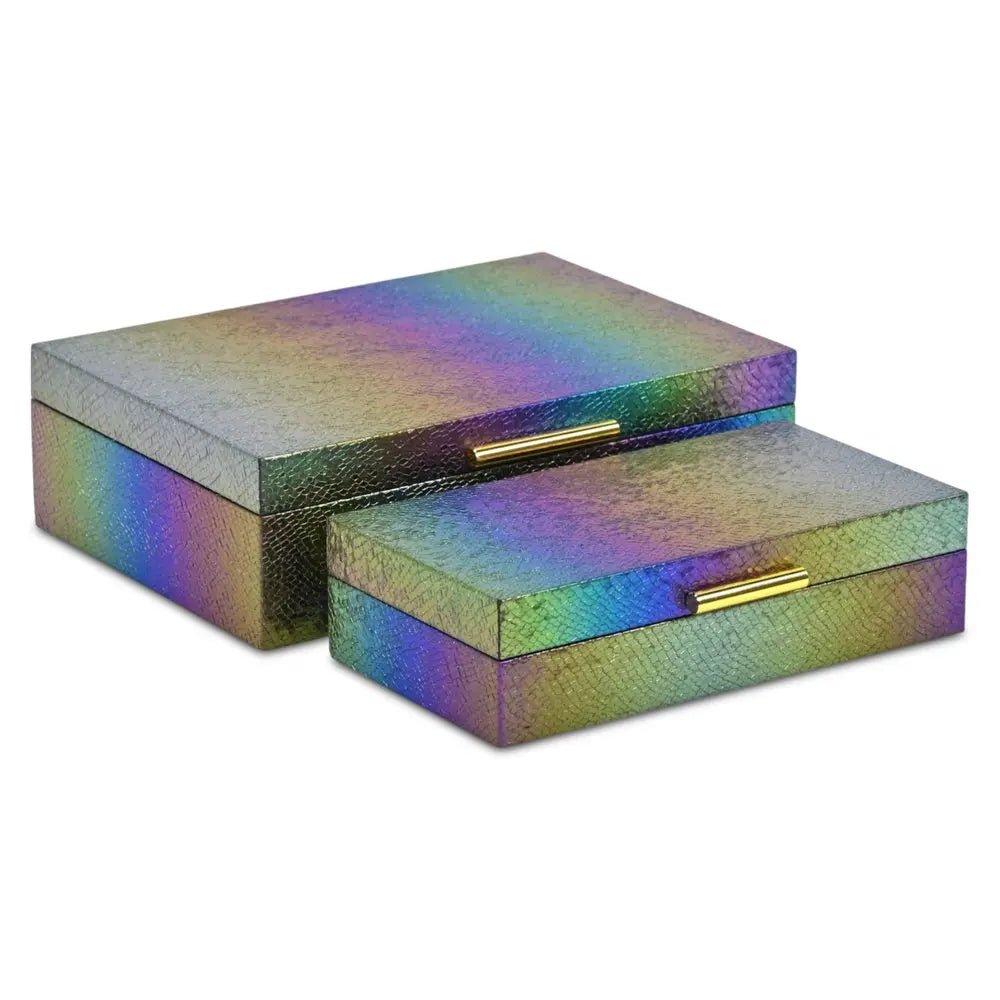 Set of Two Rainbow And Gold Faux Shagreen Nesting Storage Boxes With Lids - NOBLE HOME INTERIORS