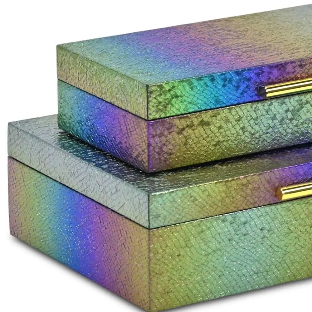 Set of Two Rainbow And Gold Faux Shagreen Nesting Storage Boxes With Lids - NOBLE HOME INTERIORS